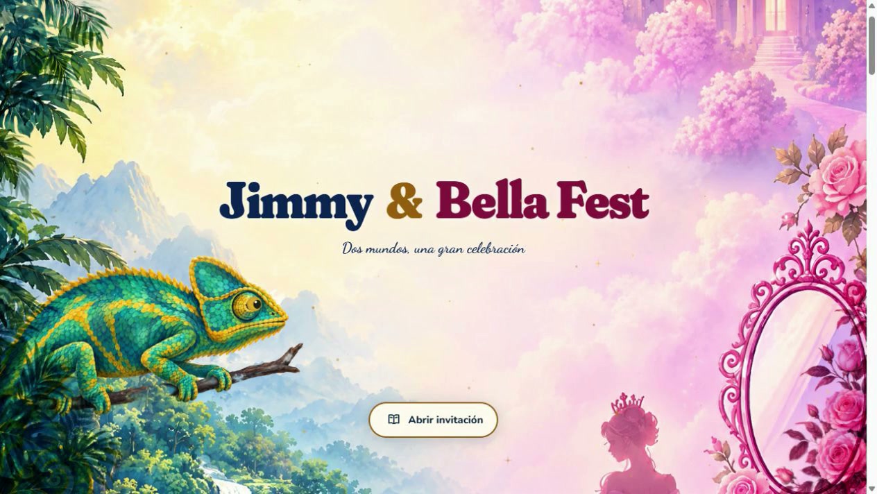 Portada de la invitación Jimmy & Bella Fest: un camaleón en la selva de un lado y un castillo rosa del otro.